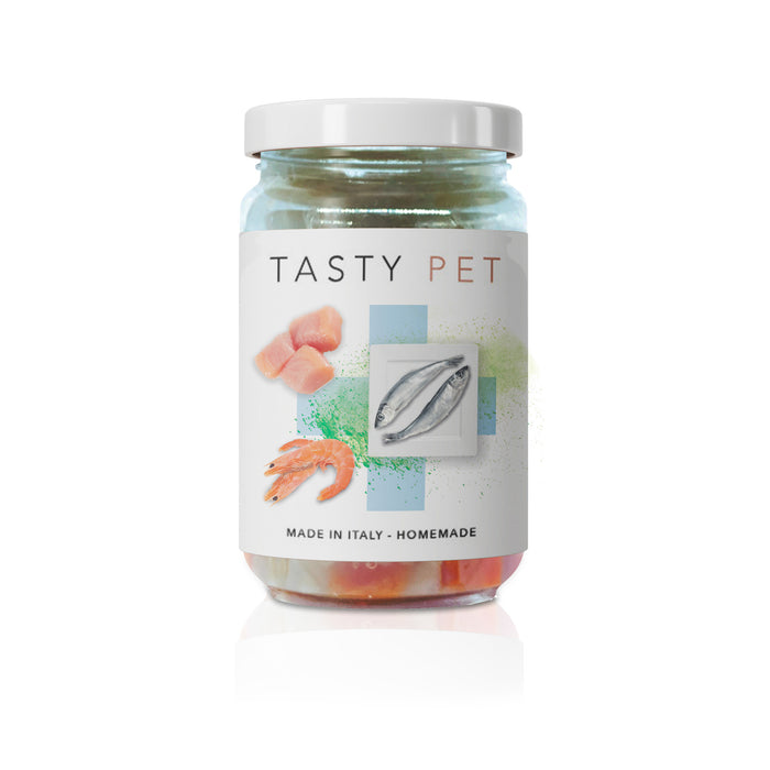 Tasty Pet Confezione di Alimento Completo Umido per Gatti - 3012 Filetti di Salmone e Pesce con Gamberi e Pollo