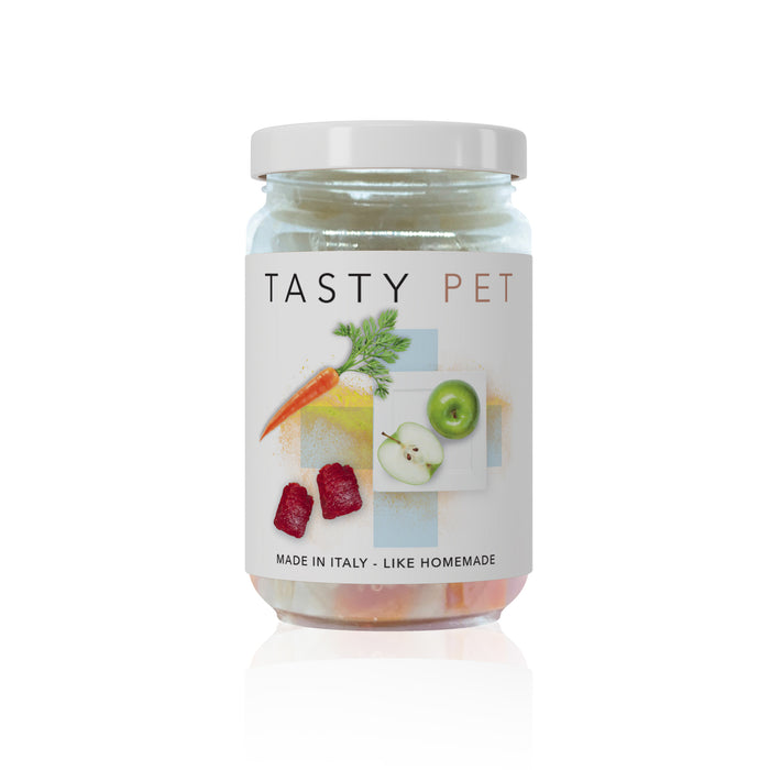 Tasty Pet Confezione di Alimento Completo Umido per Gatti - 4011 Pate' Premium Manzo con Mela Carota e Piselli